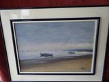 painting of a beach scene with boats in the water