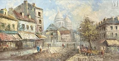 tableau représentant une scène de rue avec des personnages et des bâtiments en arrière-plan