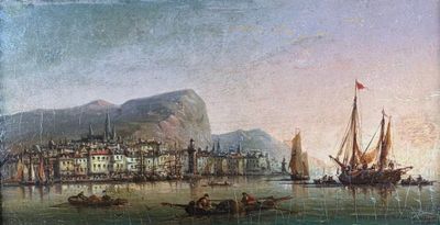 painting of a view of a harbor with boats and a mountain in the background