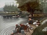 a painting of a group of people on a dock
