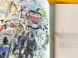 a book with a drawing of a bus on it
