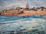 an oil painting of a view of a city from the water