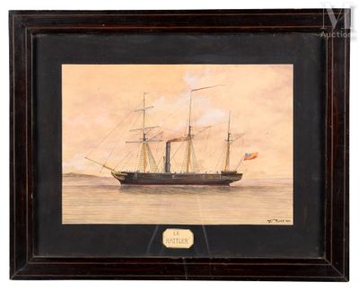 une vieille peinture représentant un bateau sur l'eau, arborant un drapeau