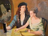 un tableau représentant une femme et un enfant assis à une table