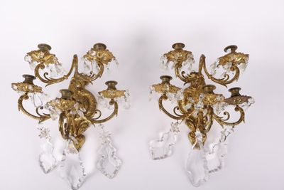 paire d'appliques anciennes en laiton et cristal