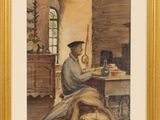 painting of a man sitting at a table with a knife in his hand