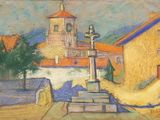 an image of a painting of a building with a clock tower in the background