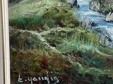 a painting of a stream running through a forest