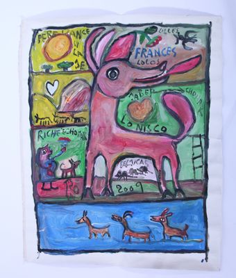 painting of a pink dog in front of a store window
