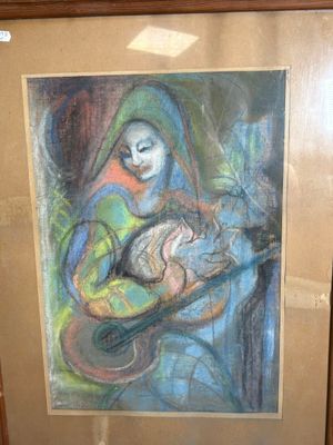 tableau représentant une femme jouant de la guitare dans une pièce