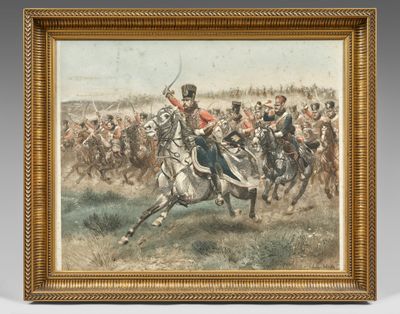 an image of a painting of a man on a horse in front of a group of men on horses