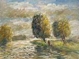 une peinture à l'huile représentant deux moutons dans un champ