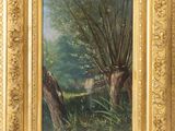 an image of a painting of trees in a field with a house in the background