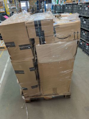 boxes are stacked on a pallet in a large warehouse
