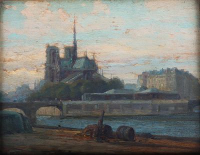 painting of a view of a city with a bridge over a river