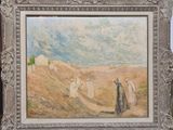 une peinture à l'huile représentant un groupe de personnes marchant dans un champ