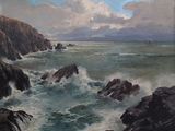 a painting of a rocky coast with waves crashing on it