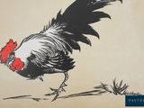 a black and white rooster with a red bow on it ' s head