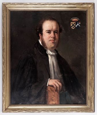 portrait of a man in a black coat and white shirt holding a book