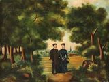 tableau représentant deux hommes marchant sur un sentier dans une zone boisée