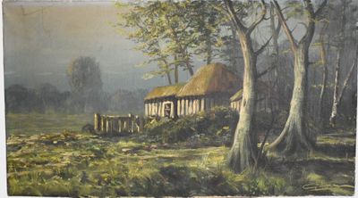 a painting of a house in the woods with a fence