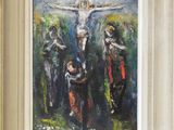 a painting of jesus on the cross in the middle of a group of people