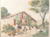 a painting of a farm scene with a horse drawn carriage