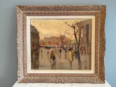 tableau représentant une scène de rue en ville avec des passants marchant sur le trottoir