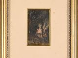 a painting of a landscape with trees and a house in the distance