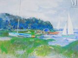a painting of sailboats on the water near the shore