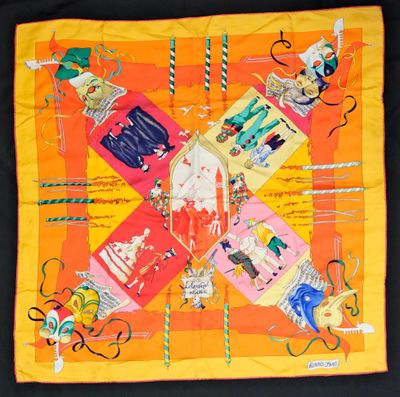 yellow and orange scarf with a picture of people on it