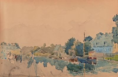 une aquarelle représentant des passants dans la rue