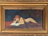 une peinture à l'huile représentant une femme nue en train de lire un livre sur un lit