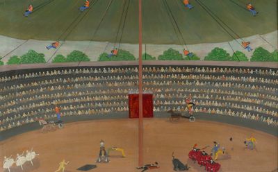 a painting of a bullfight in a large arena