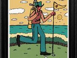 a cartoon picture of a man with a golf club on the beach