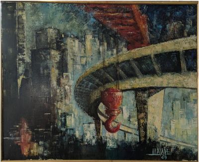 une peinture à l'huile représentant une borne d'incendie rouge dans une rue de la ville