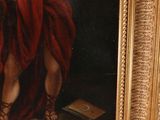 an oil painting of a woman in a red robe holding a book