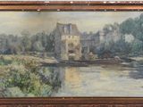painting of a river scene with a castle in the background