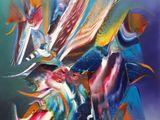 peinture abstraite représentant un groupe d'oiseaux colorés volant dans les airs