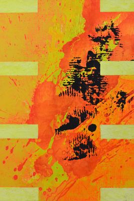 abstract painting of a man riding a skateboard on an orange and yellow background