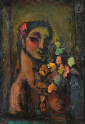 painting of a woman holding a vase of flowers in front of a painting