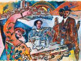 tableau représentant un groupe de personnes assises autour d'une table avec des verres