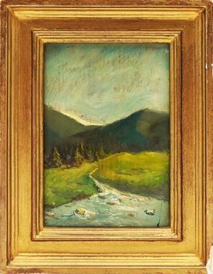 une peinture à l'huile représentant une rivière coulant dans un champ verdoyant