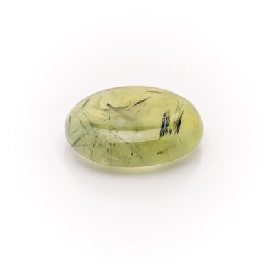 an oval green jade stone with a white background