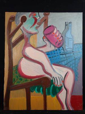 painting of a woman sitting on a chair with a cup in her hand