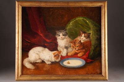 painting of a group of cats eating from a bowl on a table