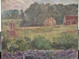 an oil painting of a field of purple flowers with a house in the background