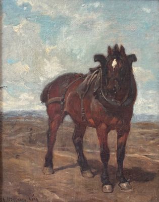 une peinture à l'huile représentant un cheval debout dans un champ, avec le ciel en arrière-plan