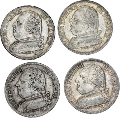 quatre pièces d'argent représentant des visages d'hommes et d'une femme