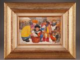 an oil painting of a group of children playing with a dog